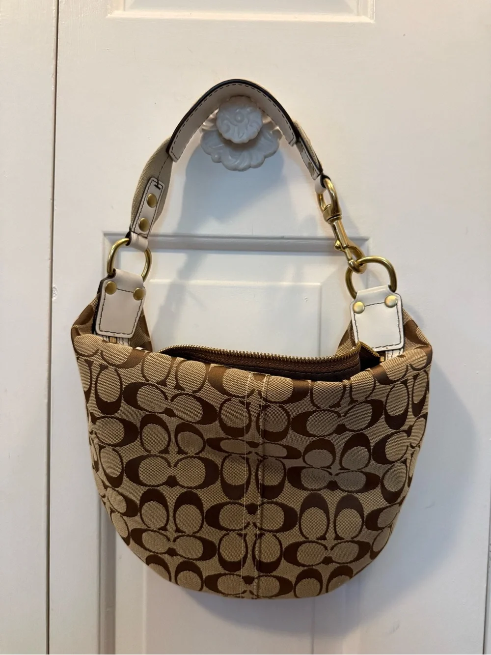 Coach Tan Signature Canvas Hobo with White Trim